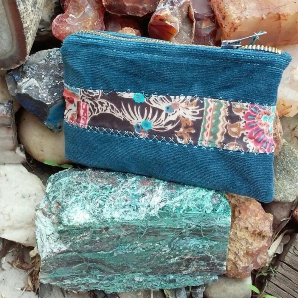 Handmade Turquoise Corduroy Pattered Zippered Pouch